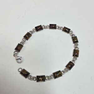 sterling silver amber gemstone square link chain boho vintage 8in bracelet